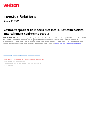 Verizon - Verizon to speak at BofA Securities Media, Communications Entertainment Conference Sept. 3
