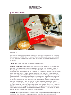 BeanBox - It's Eureka: toasted sugar, smoky bite, dark chocolate ☕🍫🍂