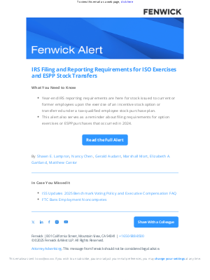 Fenwick & West - [Fenwick Alert] IRS Filing and Reporting Requirements for ISO Exercises and ESPP Stock Transfers