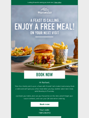 Harvester (United Kingdom) - Rachael, there's a free meal inside for you 🍔