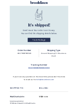 Confirmation email template from Brooklinen