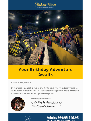 Medieval Times - Noble Jennifer, a Special Birthday Offer Awaits You! 🏰🎉