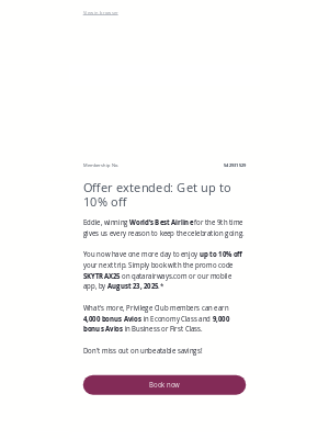 Qatar Airways - Eddie, one more day to save up to 10% on your journey