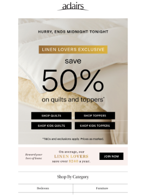 Adairs (Australia) - ENDS TONIGHT! Linen Lovers save 50% on Quilts & Toppers