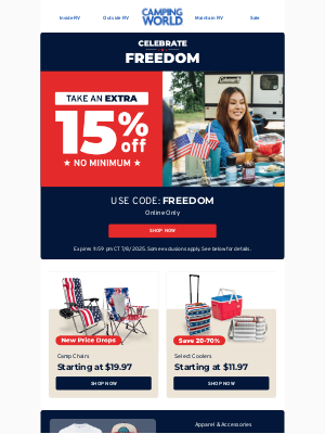 Camping World - The celebration continues - enjoy 15% off your order