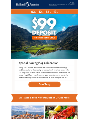 Holland America Line - Ends Tomorrow: Weekend Sale, $99 Deposits on cruises!