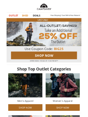 CampSaver - Last Call! 25% Off Outlet Deals