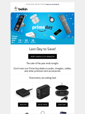 Belkin - Last day to save up to 56% with Amazon Prime Day deals