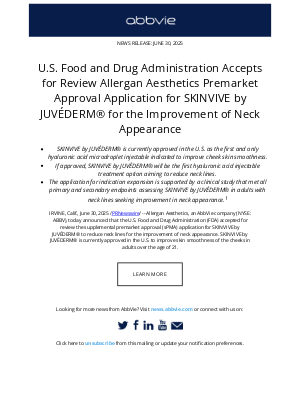 AbbVie - AbbVie Press Release: U.S. Food and Drug Administration Accepts for Review Allergan Aesthetics Premarket Approval Application for SKINVIVE by JUVÉDERM® for the Improvement of Neck Appearance