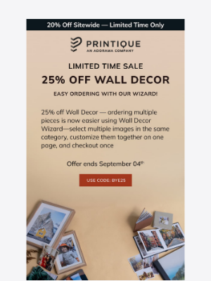 Printique - 20% Off Sitewide & 25% Off Wall Decor — Offer Ends 09/04!