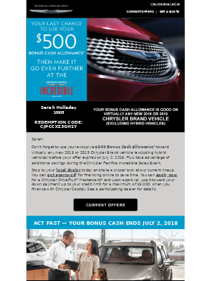 Chrysler - Hurry! Your exclusive Bonus Cash Allowance expires soon!