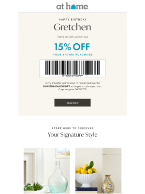 At Home - Happy Birthday, Gretchen! Celebrate with 15% off