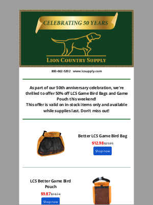 Lion Country Supply - 50% Off LCS Game Bird Bags This Weekend Only—Don’t Miss Out!