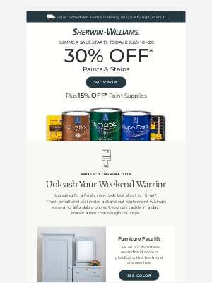 Sherwin Williams - [[ 7/18-7/28 ]] Here's 30% off paints & stains and 15% off paint supplies for you... You deserve GREAT quality