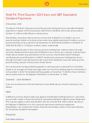 Shell - Shell Plc Third Quarter 2024 Euro and GBP Equivalent Dividend Payments