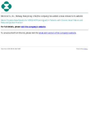 Merck & Co - Merck Provides New Results for VERQUVO® (vericiguat) in Patients with Chronic Heart Failure and Reduced Ejection Fraction
