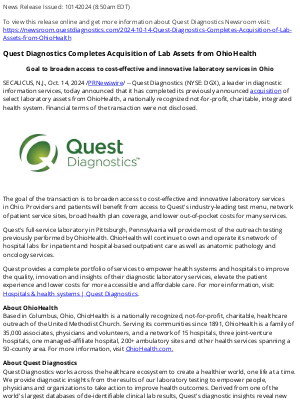 Quest Diagnostics - Quest Diagnostics Completes Acquisition of Lab Assets from OhioHealth