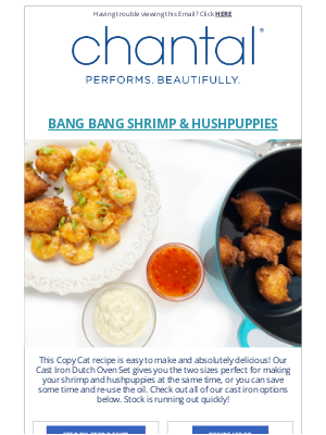 Chantal Cookware - BANG BANG SHRIMP & Cast Iron Sets on Sale!🍍