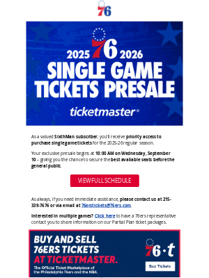 Philadelphia 76ers - Your Single Game Tickets Presale is coming soon!