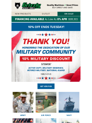 Grizzly Industrial Inc. - ENDS TUESDAY! 10% Off Sitewide ★ Thank You for Your Service