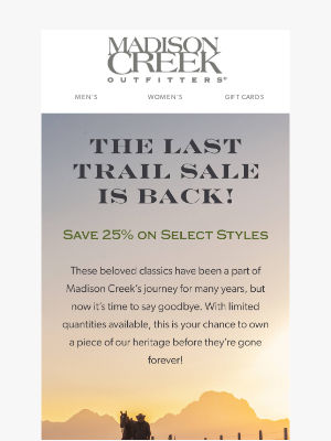 Madison Creek Outfitters - The Last Trail Sale is Back—Shop Now!
