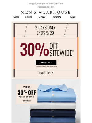 Men's Wearhouse - Sharon, 30% off sitewide ends TONIGHT