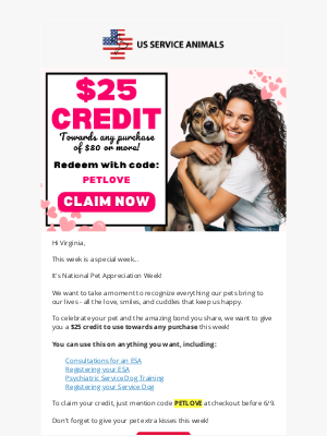 US Service Animals - You Have a $25 Credit! 💕