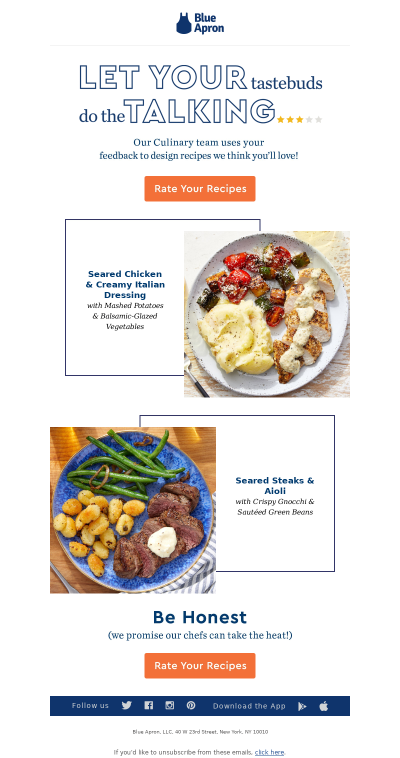 Ask for feedback email from Blue Apron