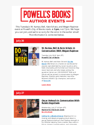 Powell's Books - CORRECTION: W. Kamau Bell & Kate Schatz with Megan Rapinoe at 5 pm on July 26