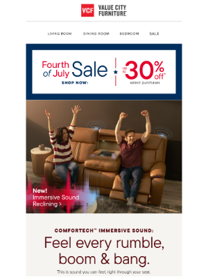 Value City Furniture - A sofa with built-in sound? We're locked in & never getting up.