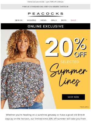 Peacocks (UK) - 20% off Sunshine styling for the whole family ☀