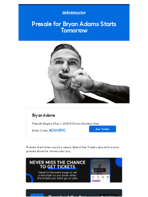 Ticketmaster - Bryan Adams Presale Starts Tomorrow