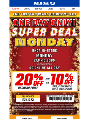 Big 5 Sporting Goods - MONDAY ONLY: Up to 20% OFF 💸 Super Deal!