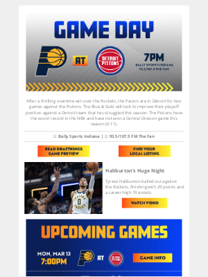 Indiana Pacers - First of two straight in Detroit