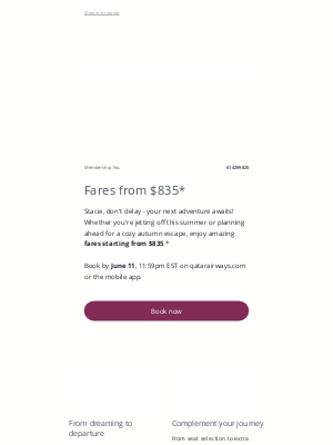 Qatar Airways - [Last Chance] Fares from $835*, Stacie