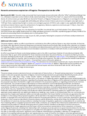 Novartis - Novartis announces expiration of Regulus Therapeutics tender offer