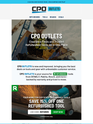CPO Outlets - BONUS 15% Off a Refurbished Tool – Limited Time!
