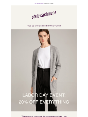 statecashmere - Labor Day Event: 20% Off All Cashmere