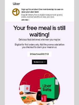 Uber - $25 off = FREE meal. Want it? Have it.