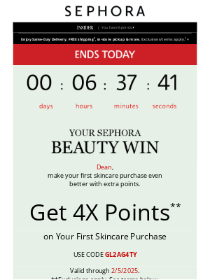 Sephora - 4X points on skincare ends today, Dean❗