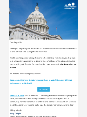 Cystic Fibrosis Foundation - The fight isn’t over: Help us stop Medicaid cuts in the Senate