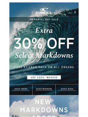 O'Neill - Ends Tomorrow! Extra 30% Off Select Markdowns