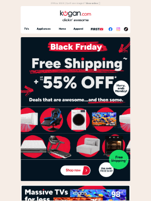 Kogan - Black Friday Free Shipping + up to 55% OFF on an awesome range of TVs, air conditioners, furniture & more!