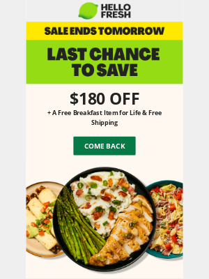 HelloFresh USA - Sale ends tomorrow. Get $180 off & a free breakfast item for life