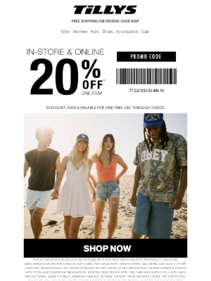 Tillys - Just For You 📣 20% Off 1 Item