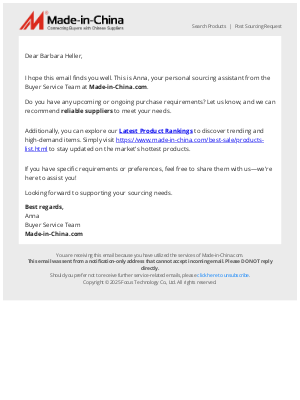 Made-in-China - Hi,Barbara Heller,do you have any upcoming or ongoing purchase requirements?