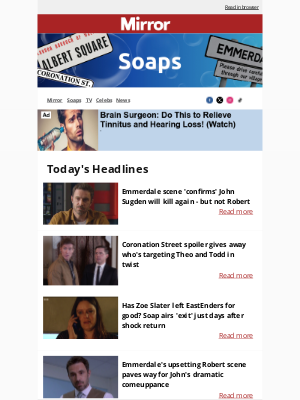 Daily Mirror (United Kingdom) - Emmerdale John 'to kill again' | Corrie spoiler reveals twist | Eastenders airs shock 'exit'