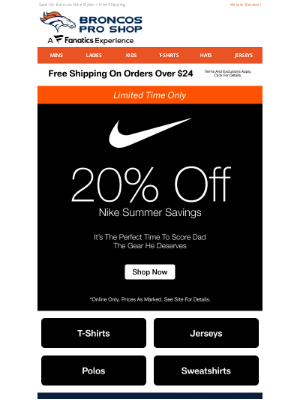 Denver Broncos - It's Here! 20% Off Nike Starts Now!