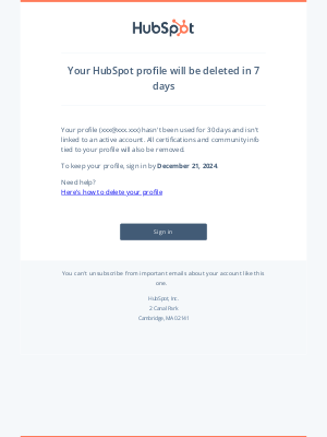 HubSpot - Your HubSpot profile will be deleted in 7 days