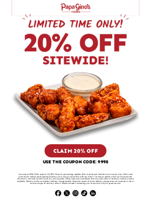 Papa Gino's - IT'S BACK: 20% Off (limited time only)!
